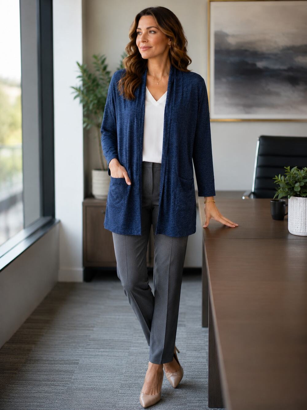 J. Jill XS Petite Blue Heather Open Front Cardigan Drop Shoulder Pockets